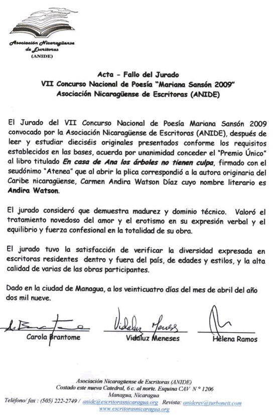 Acta del jurado. Premio Mariana Sansón 2009